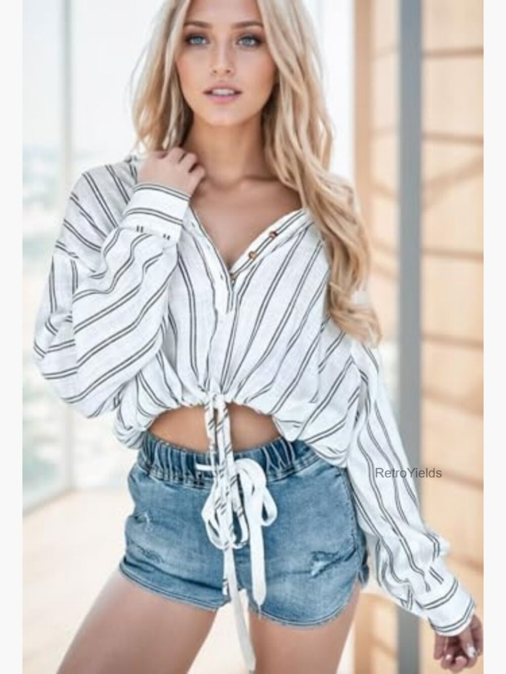 Cropped Button Down Shirt Oversized Striped Long Sleeve Drawstring Hem Blouse - Picture 4 of 7